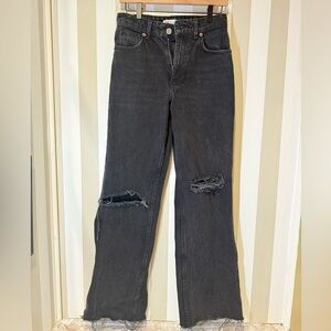 Zara Black TRF Mid-Rise Distressed Straight Leg Jeans